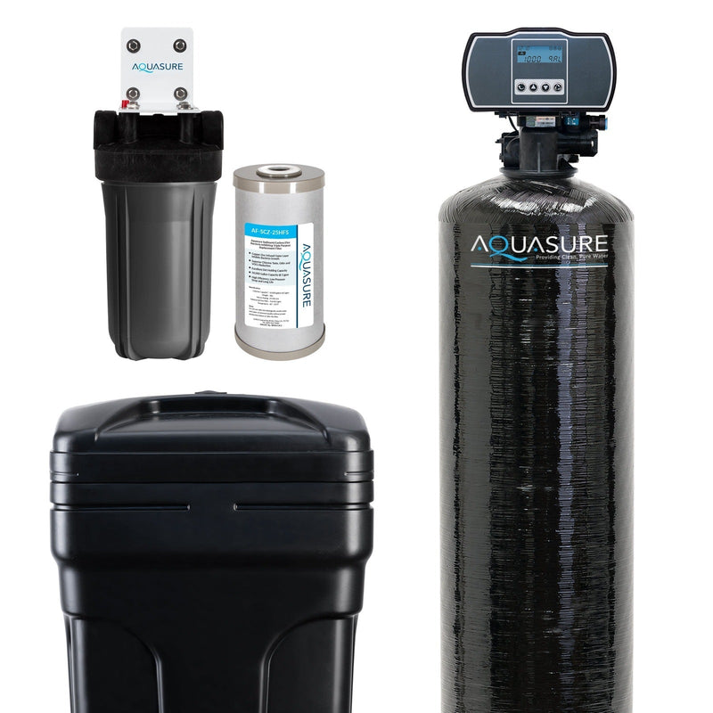 Harmony Series | 64,000 Grains Water Softener with 10" Sediment/Carbon/Zinc Triple Purpose Whole House Water Filter