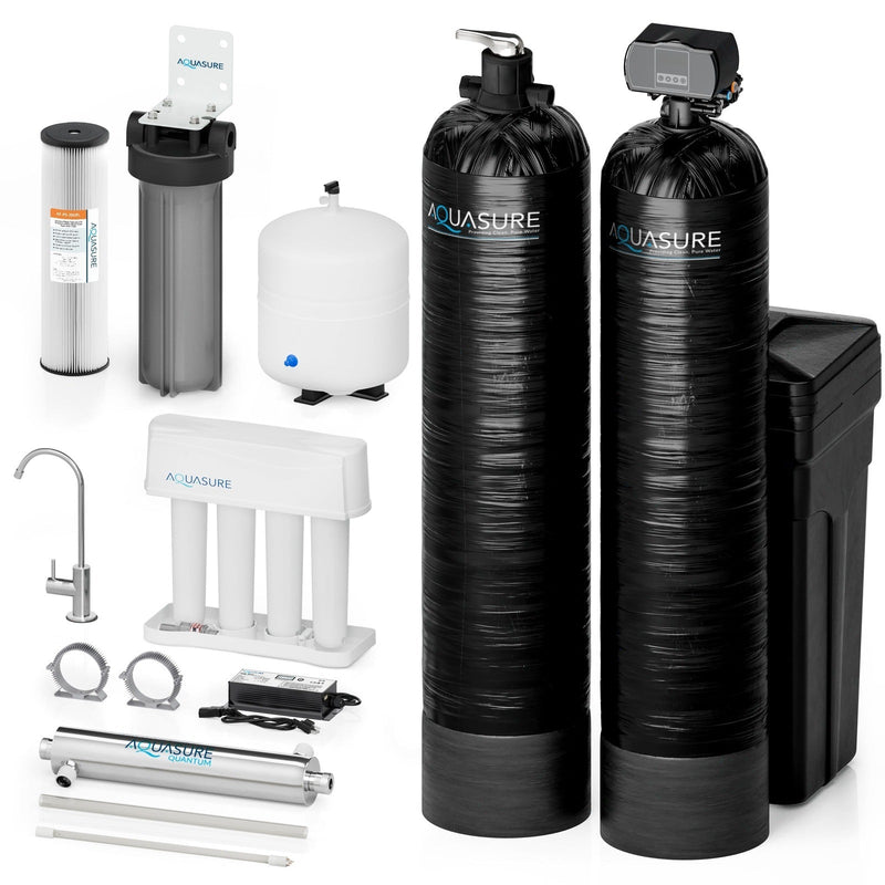 Aquasure Signature Elite | 1,500,000 Gallons Whole House Water Filter Treatment Bundle with 64,000 Grains Softener, 75 GPD Reverse Osmosis System