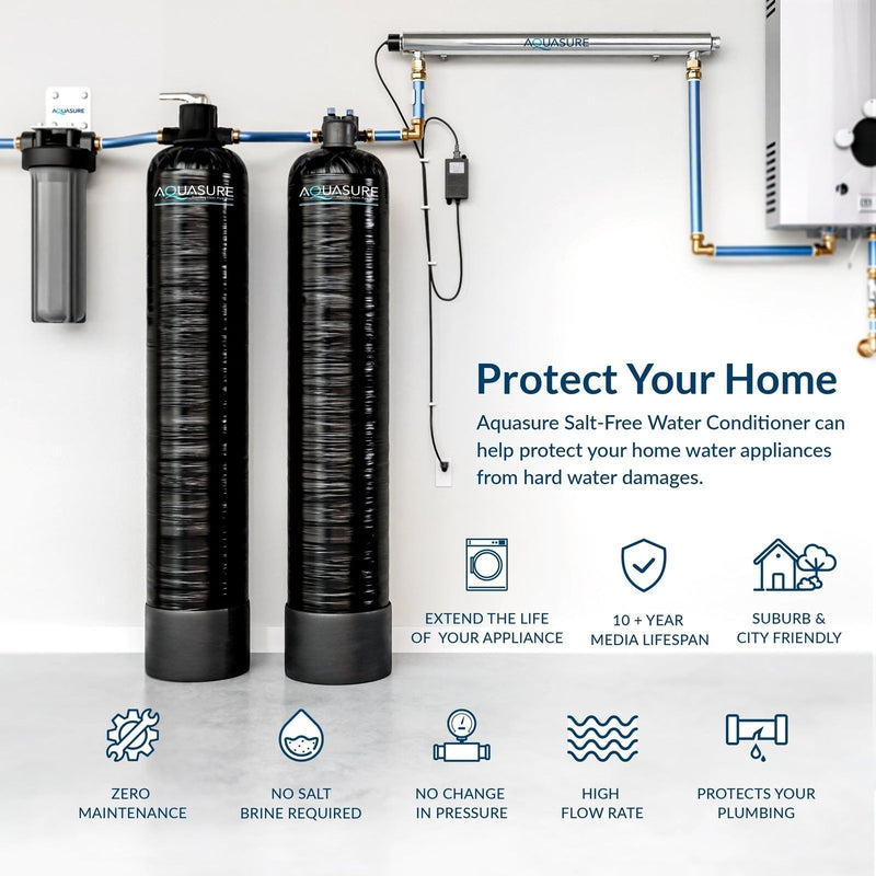 Serene Series | 10 GPM Salt-Free Conditioning, Whole House Water Treatment System, Pleated Sediment Pre-Filter and UV Sterilizer